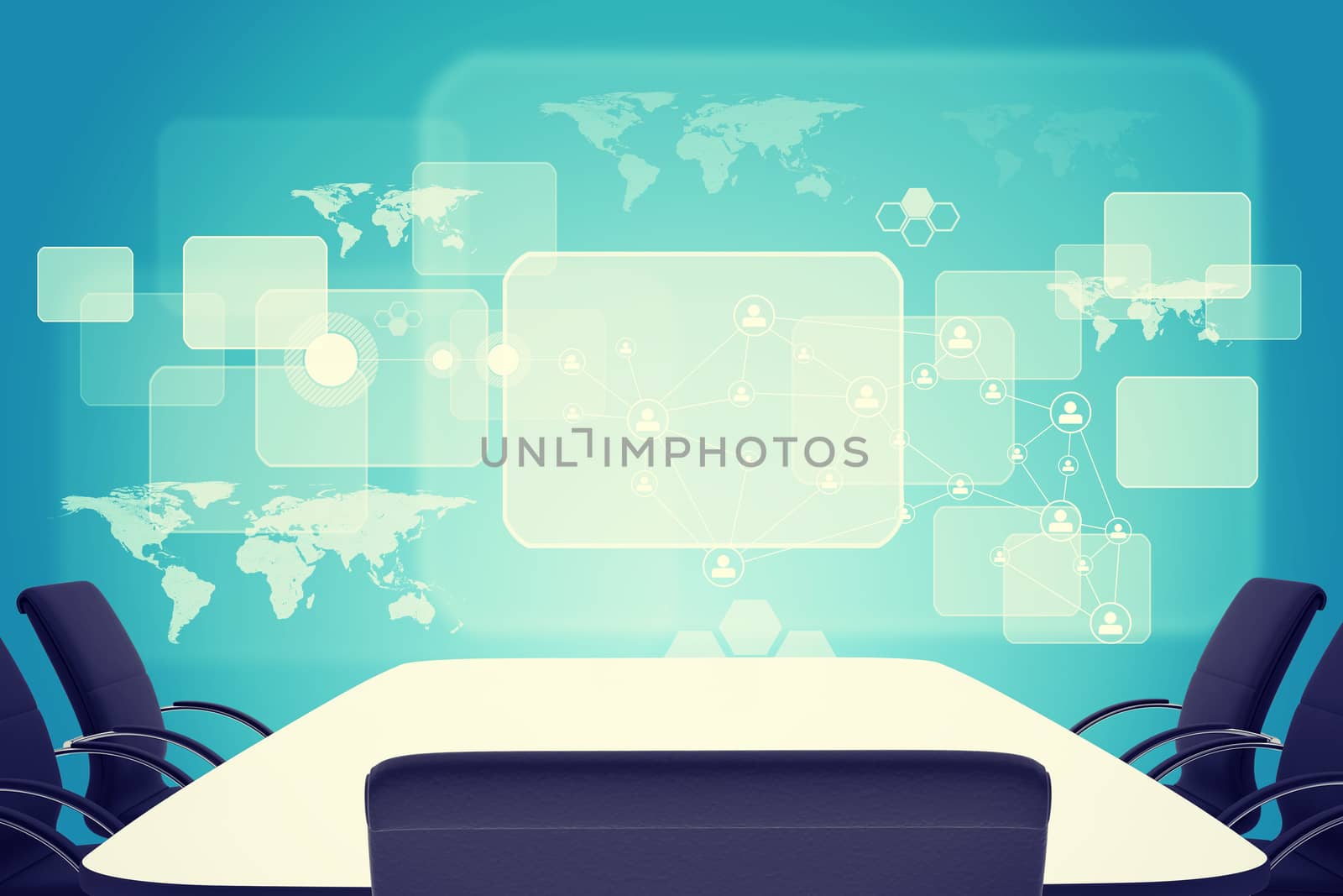 Abstract background with square shapes, world map and table with chairs in the centre. Inetrnet connection