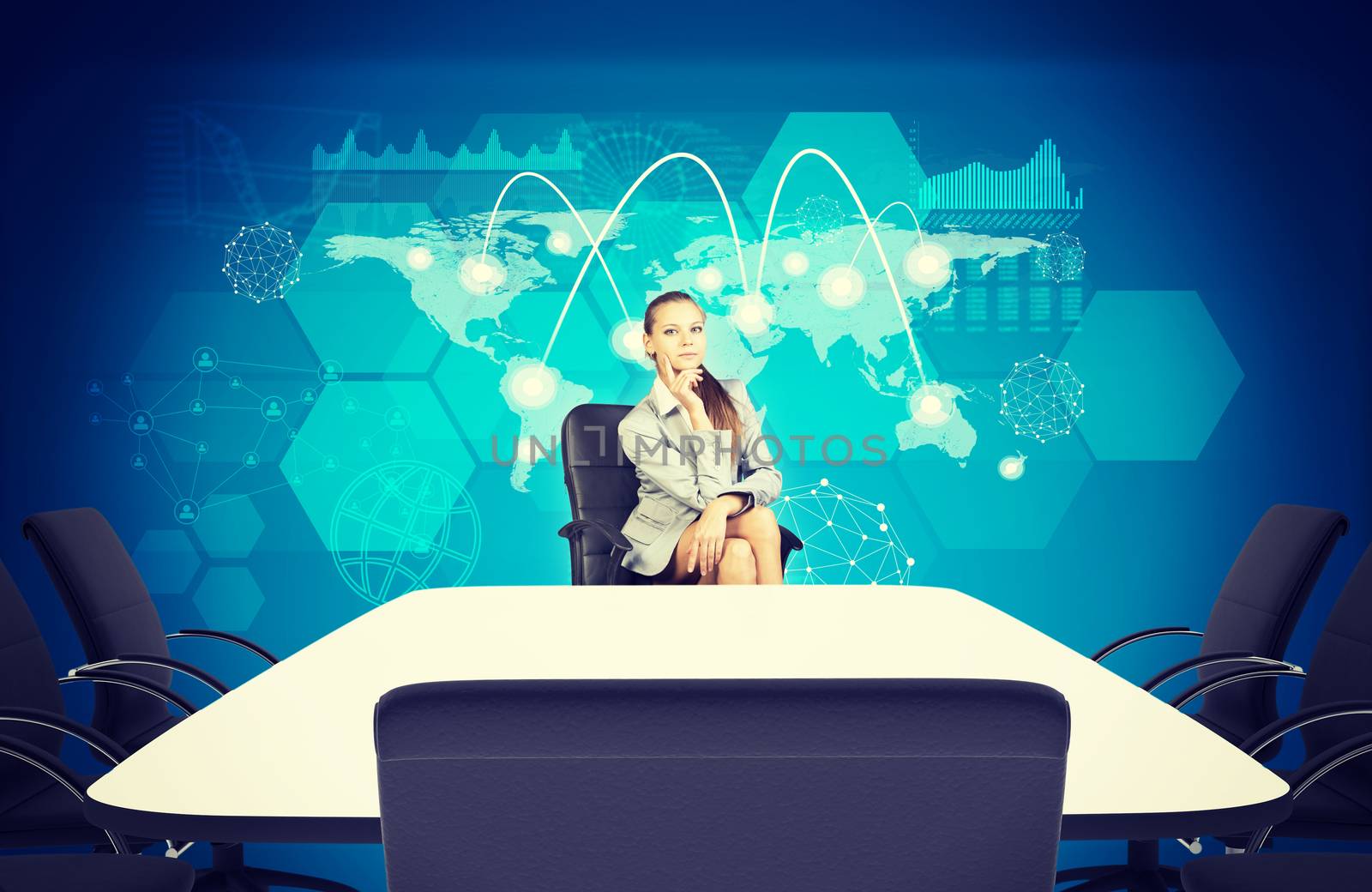 Businesswoman in office sitting at empty table on abstract background with graphical charts