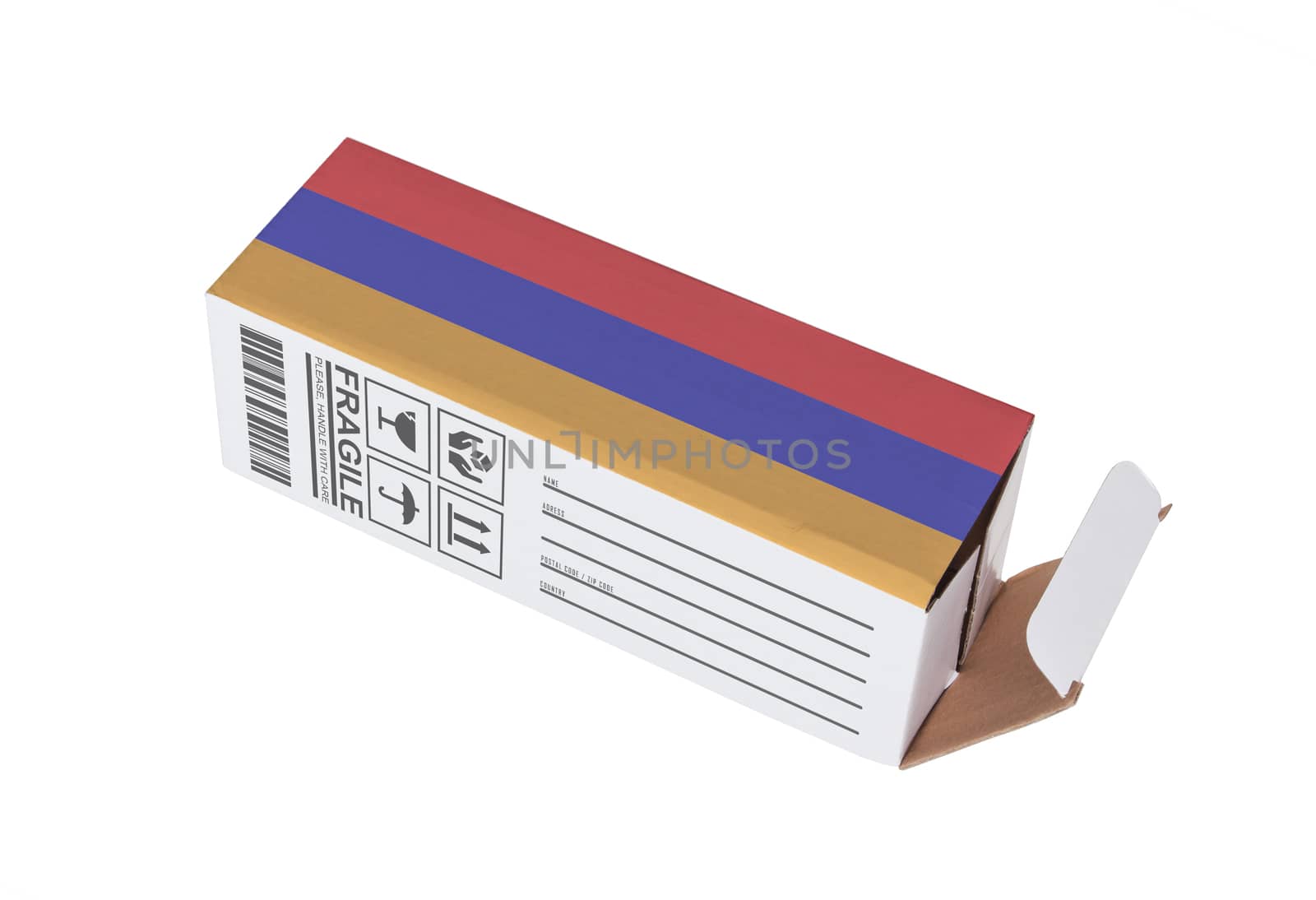 Concept of export, opened paper box - Product of Armenia