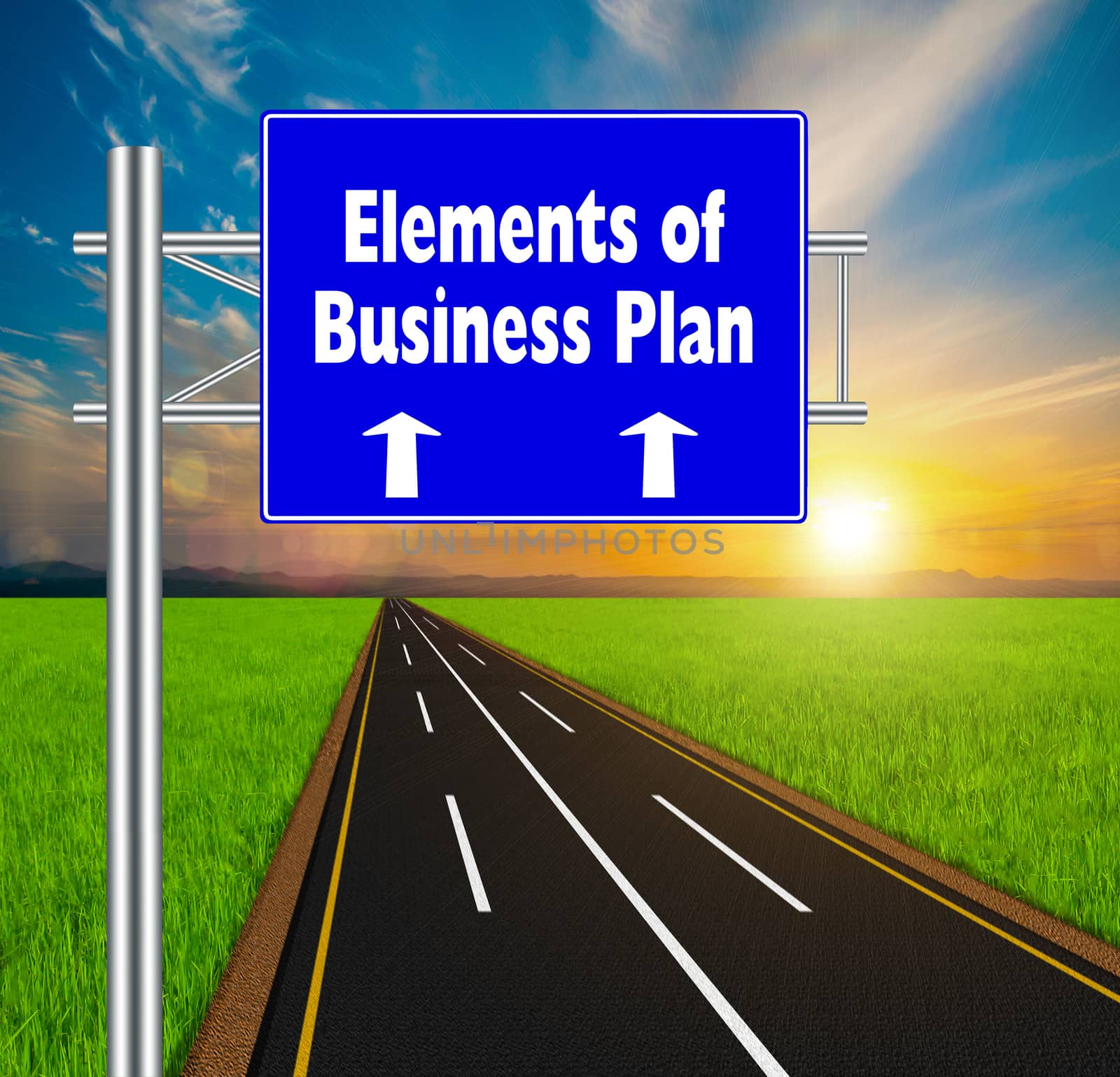 Blue Road Sign concept Elements of Business Plan on soft natural landscape background.