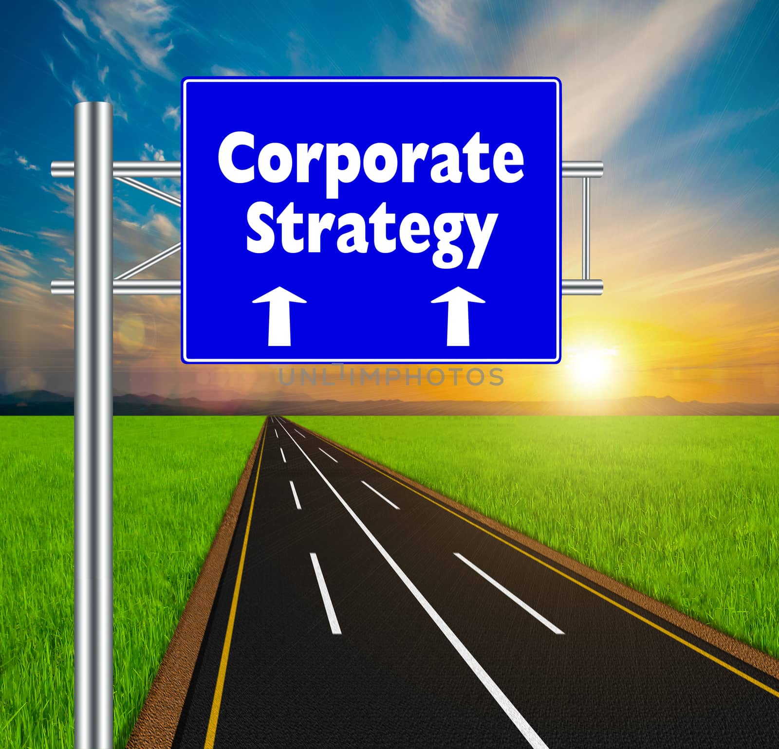 Blue Road Sign concept Corporate strategy on soft natural landscape background.