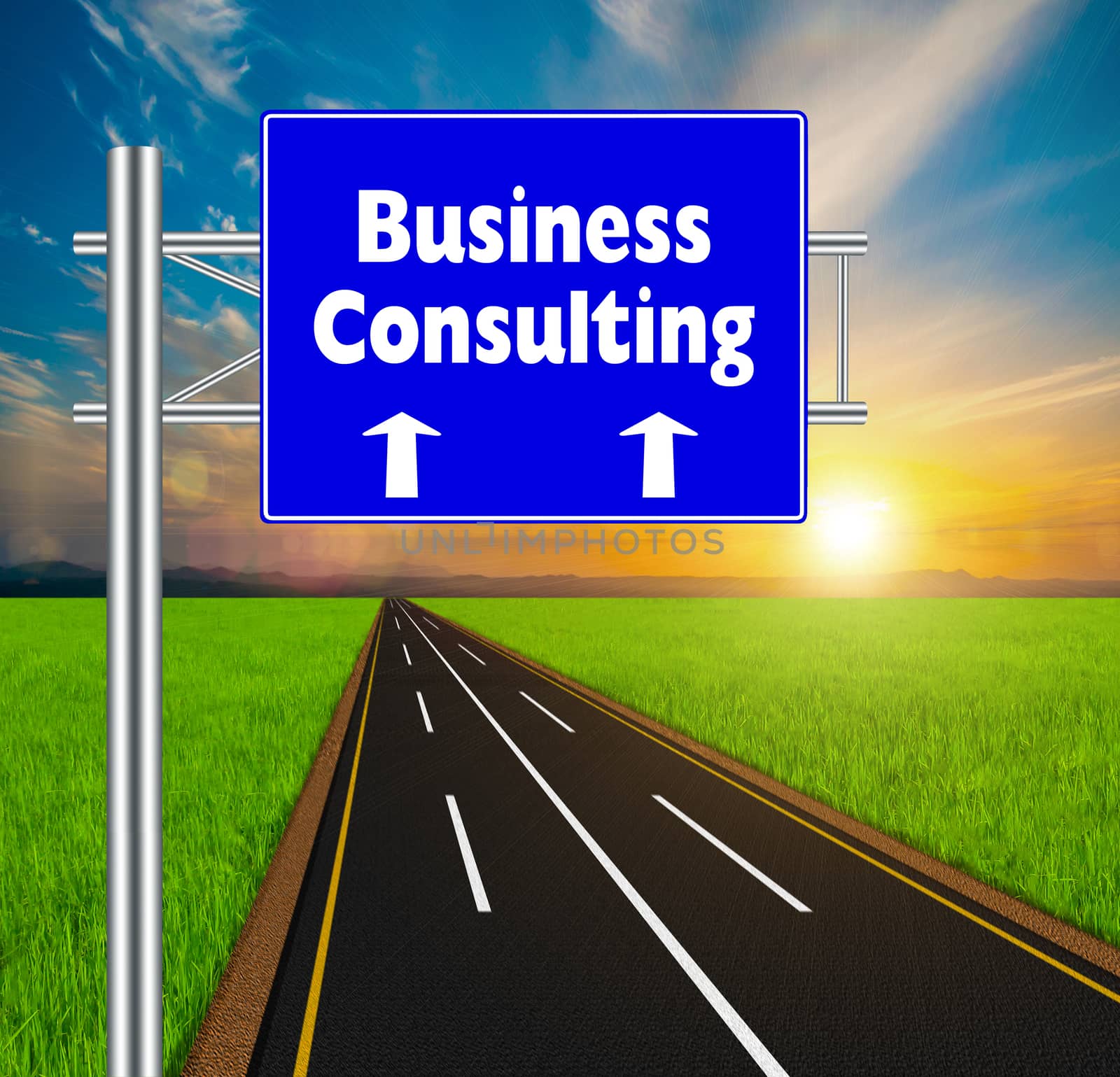 Blue Road Sign concept Business Consulting on soft natural landscape background.