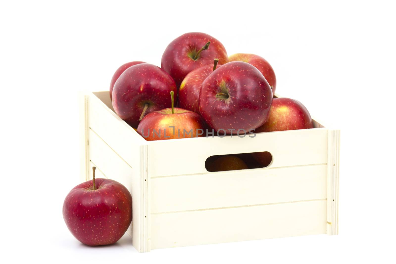  Wooden crate box full of fresh apples isolated on a white background
