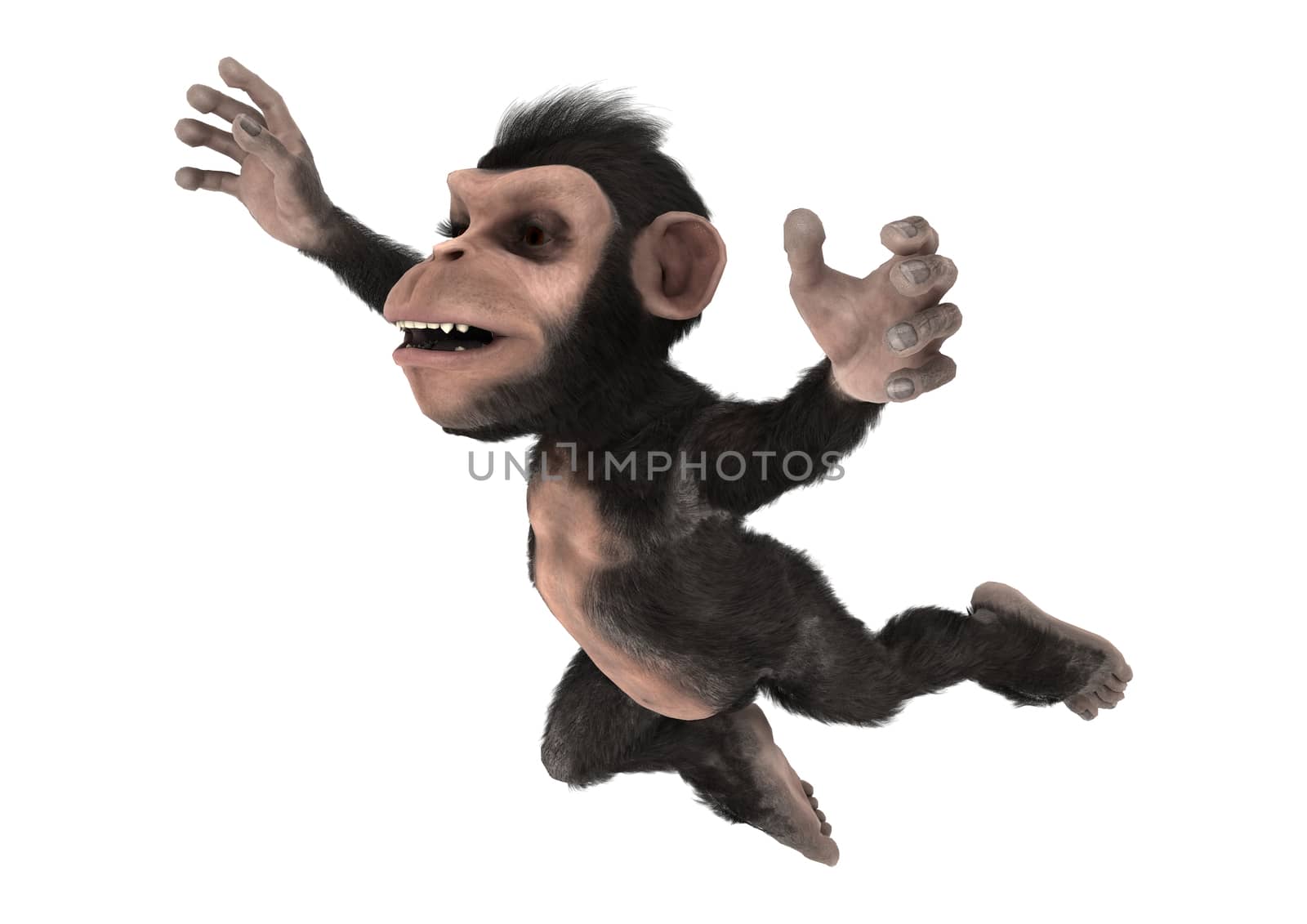 3D digital render of a jumping little chimpanzee isolated on white background