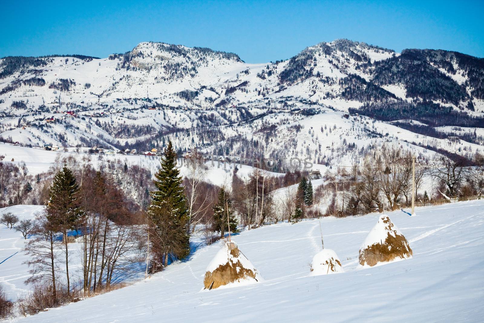 Typical winter scenic view hayracks from Bran Castle surroundings