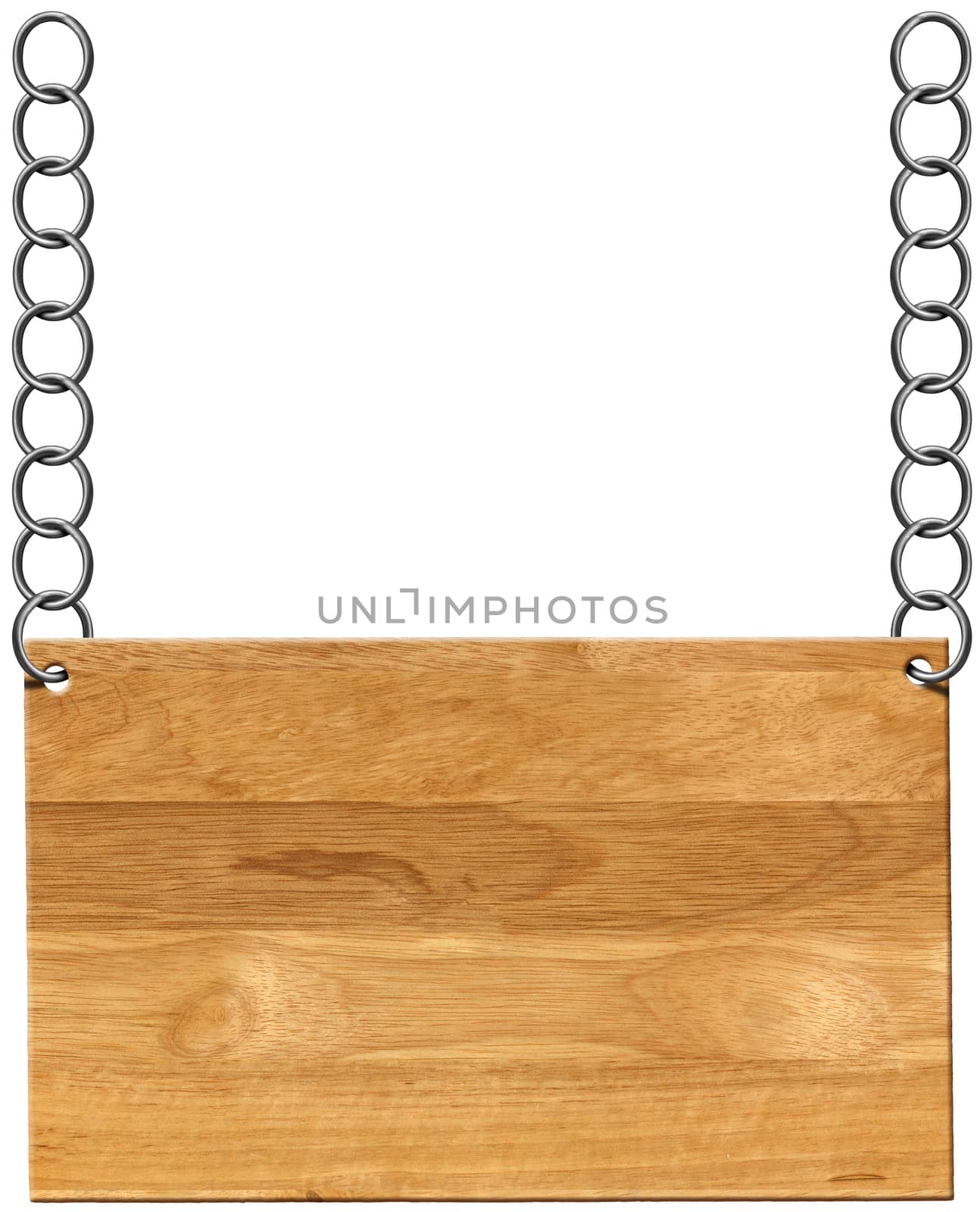 Empty wooden sign hanging with metallic chain isolated on a white background