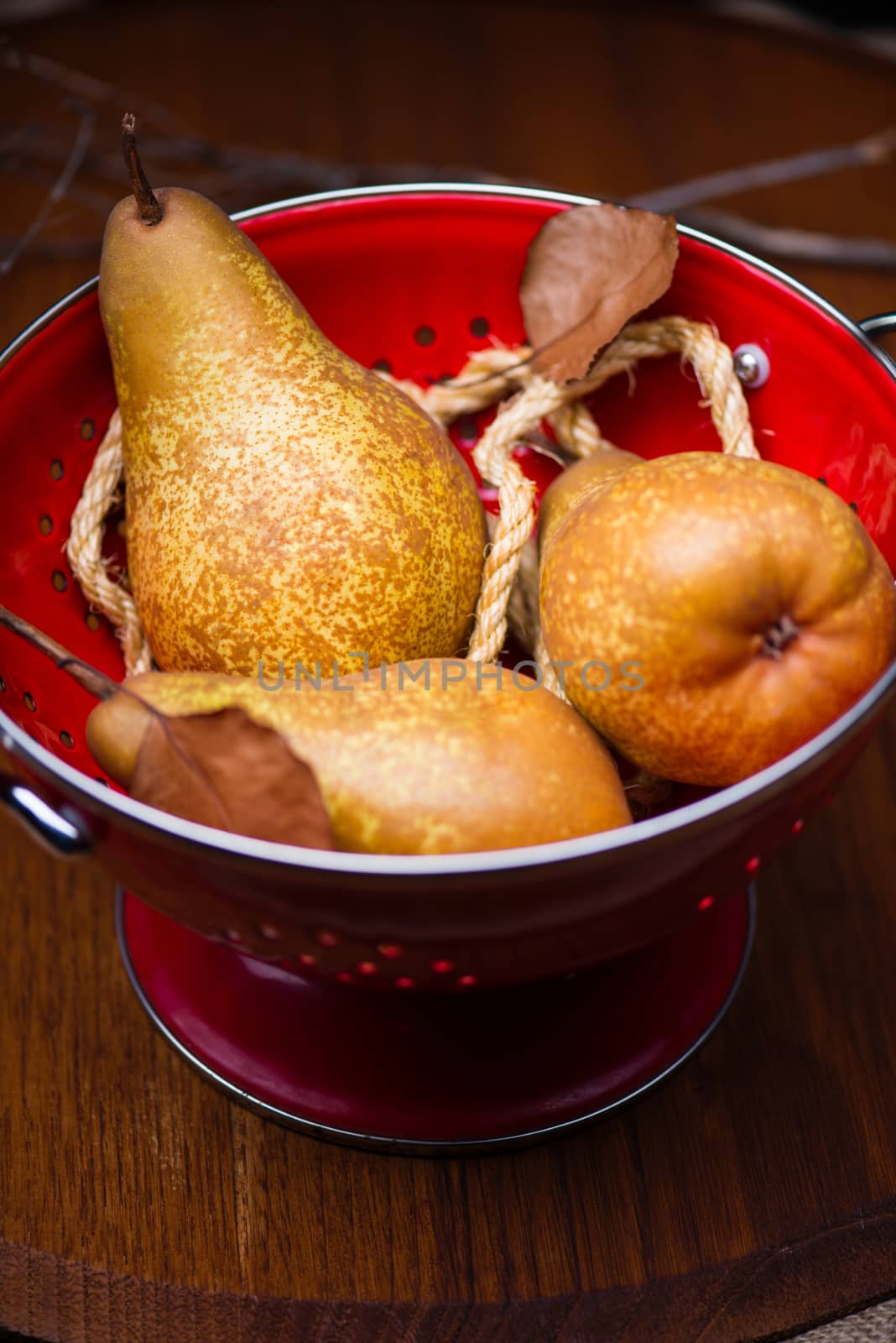 Two pears on a red colander with brown color wood background and ropes.