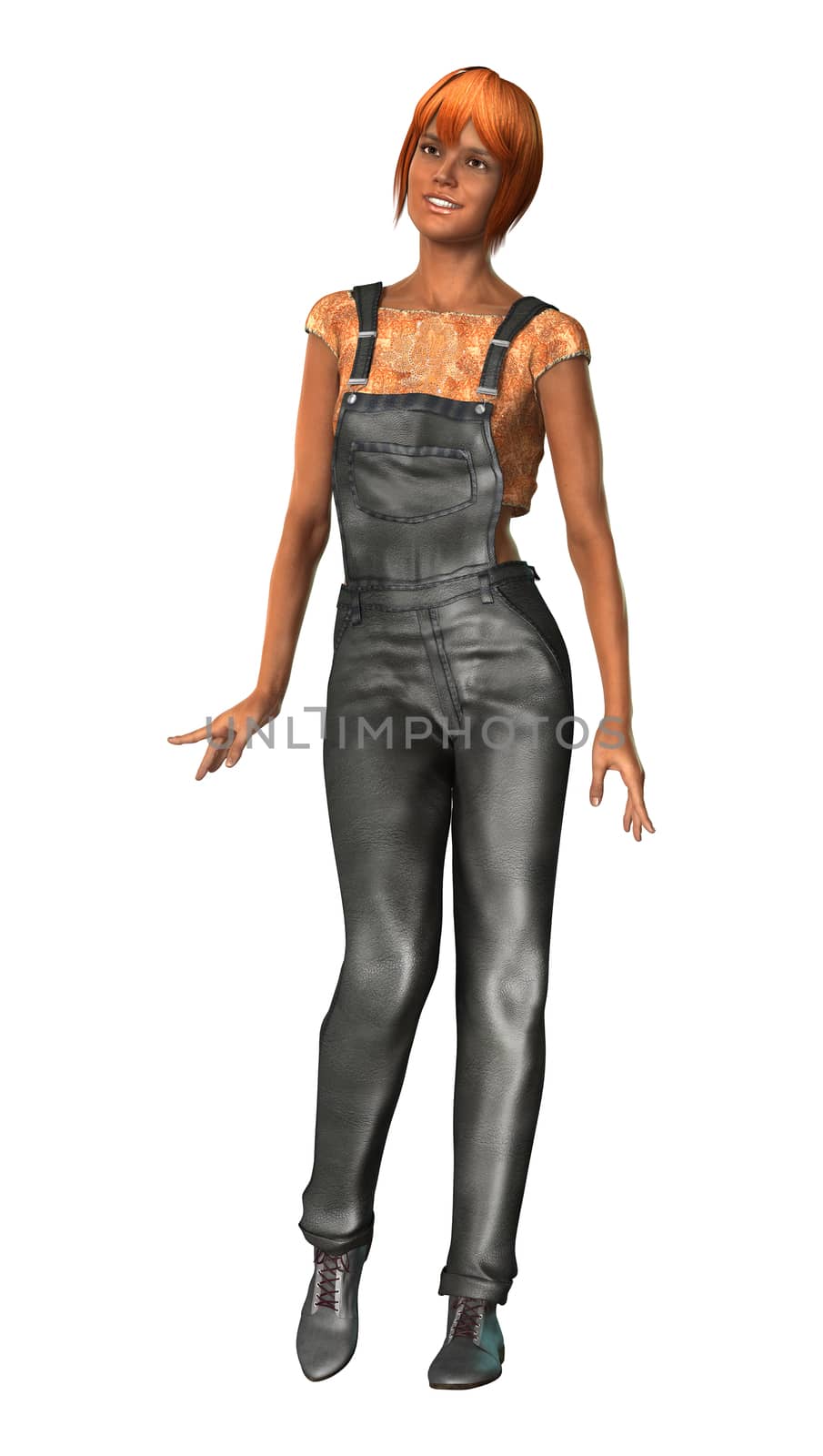3D digital render of a young female gardener isolated on white background