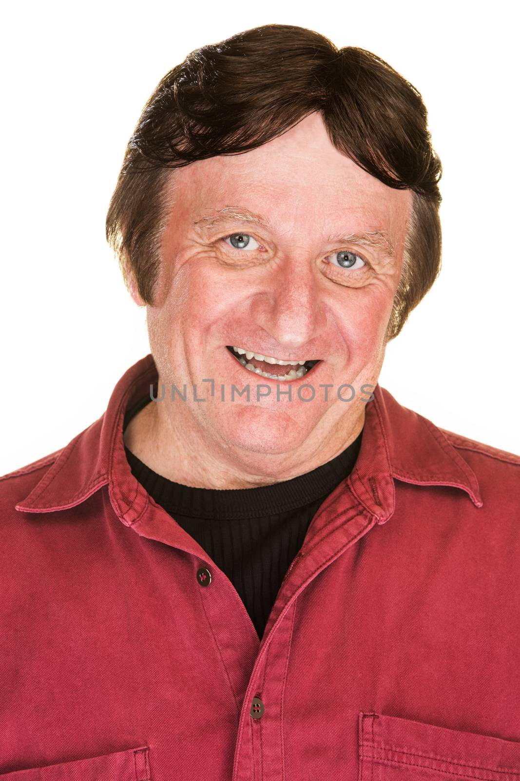 Satisfied man with big smile over white