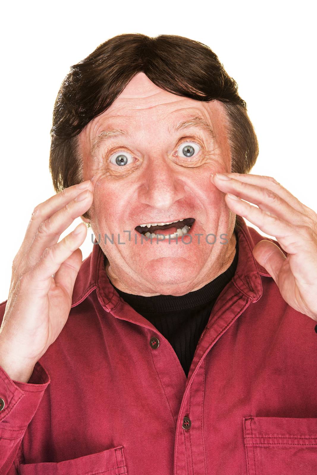 One isolated excited middle aged man shouting