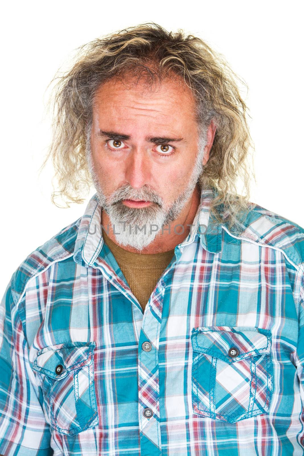 Isolated disappointed man in flannel shirt over white