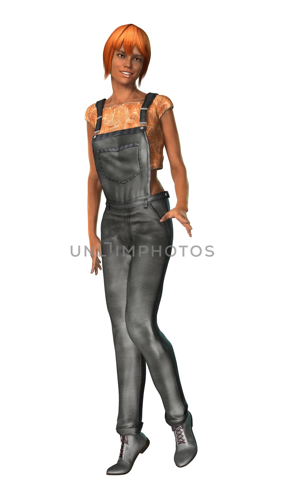 3D digital render of a young female gardener isolated on white background