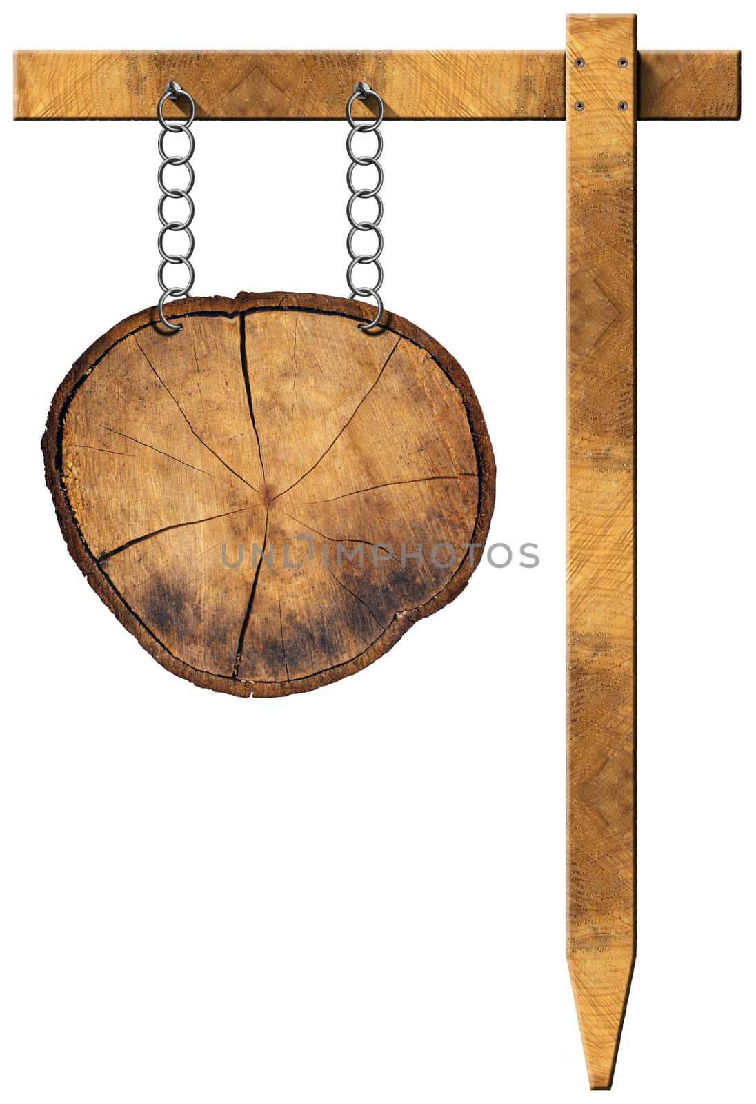Empty wooden sign, a section of tree trunk, hanging with metal chain on a wooden pole isolated on a white background