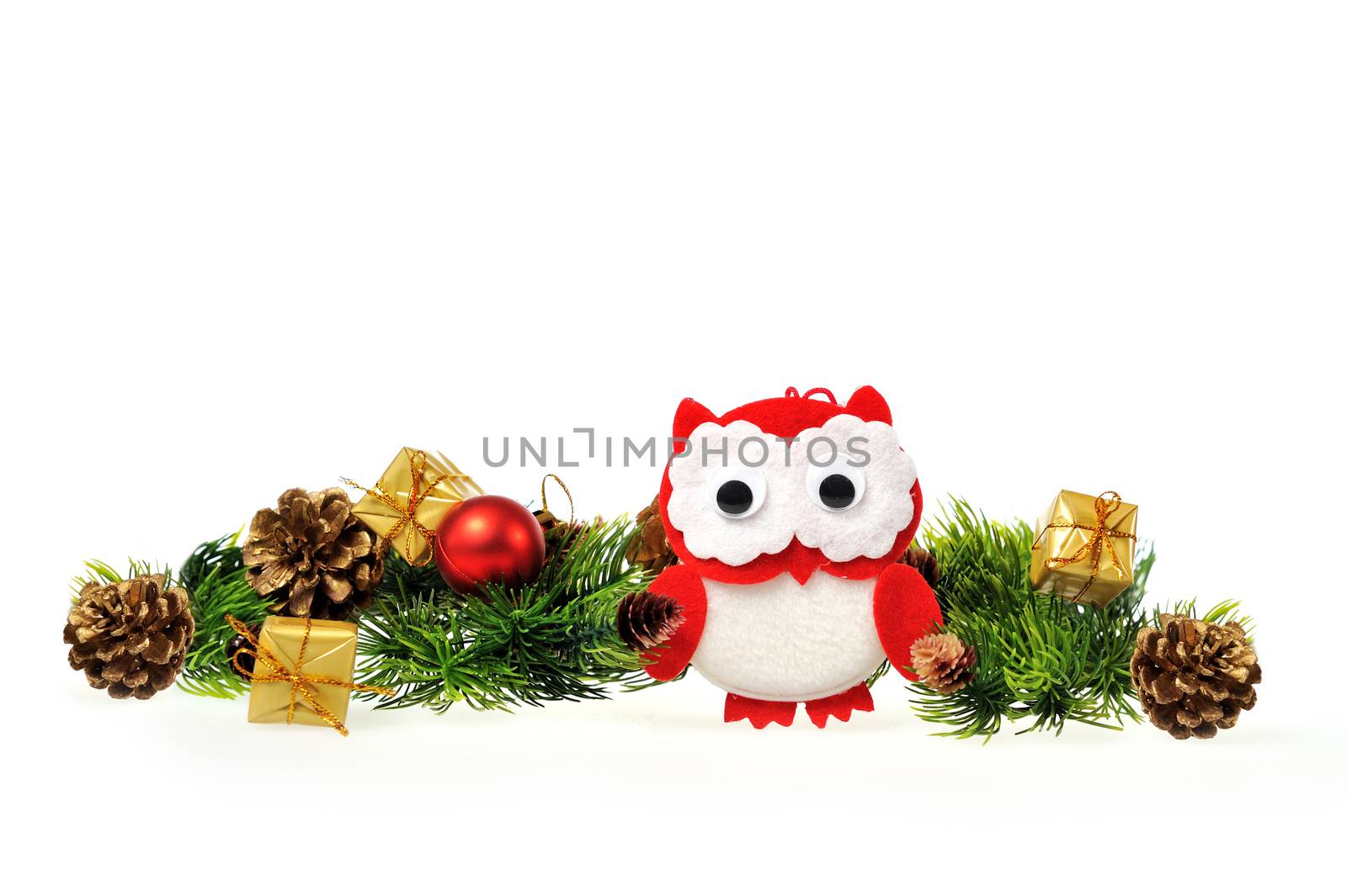owl on background Christmas tree with gifts and cones