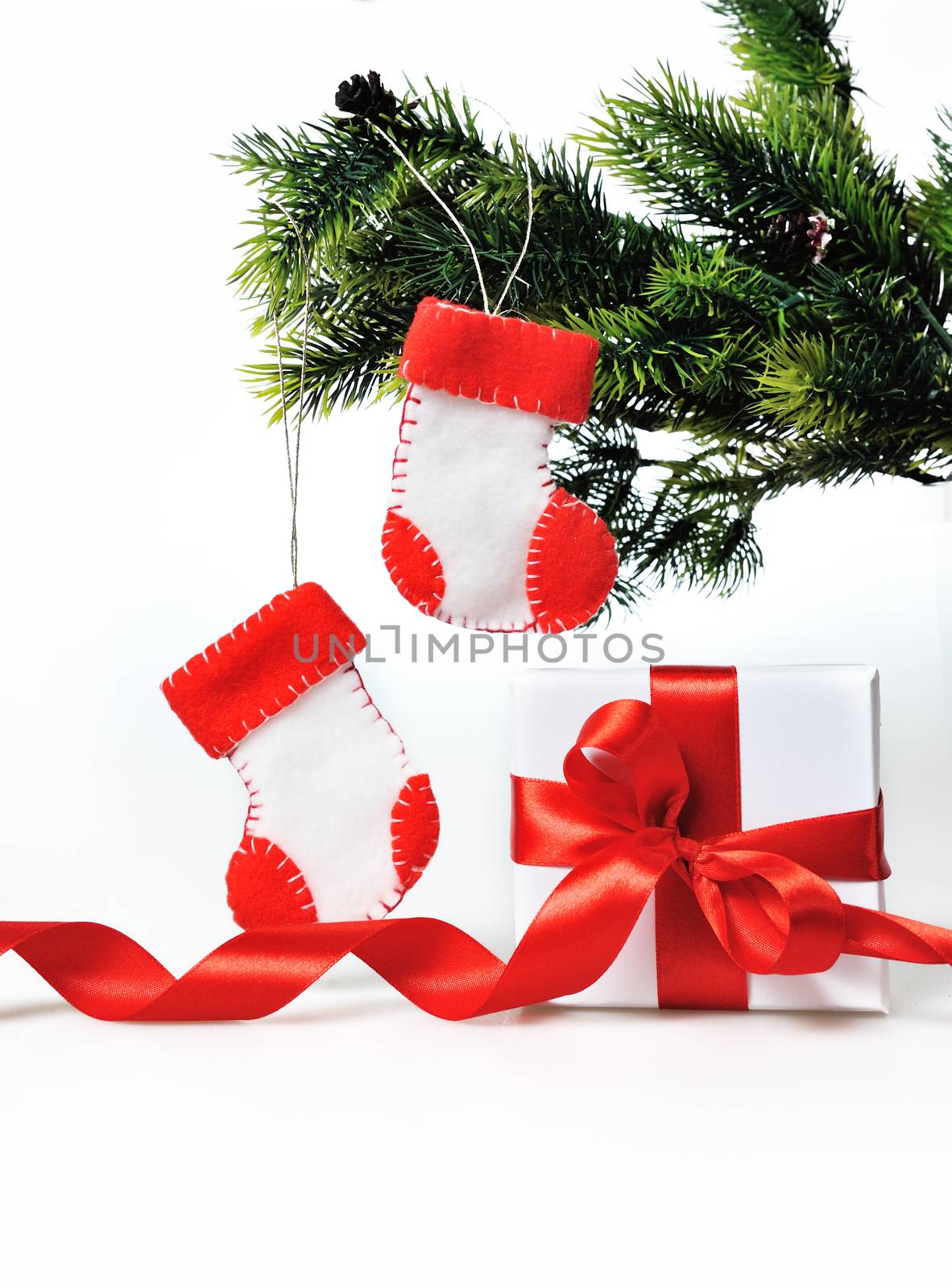 Christmas decoration with gift and Christmas boots