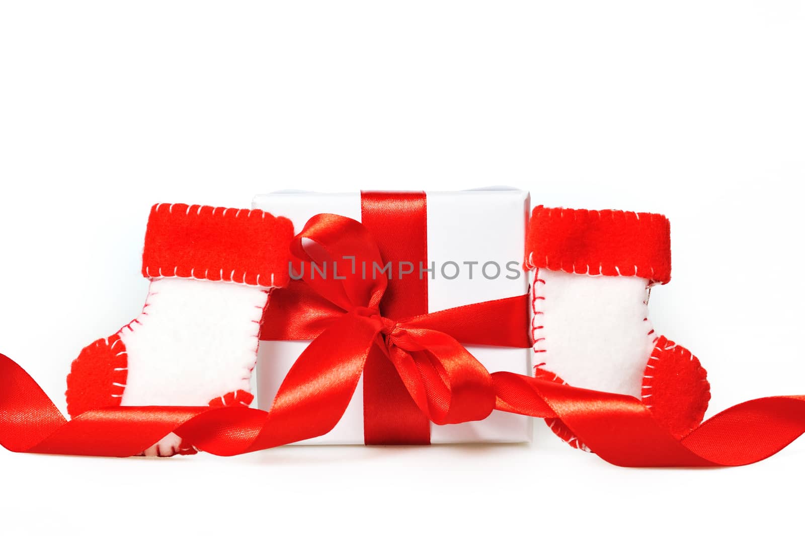 Gift with red ribbons and boots of Santa Claus