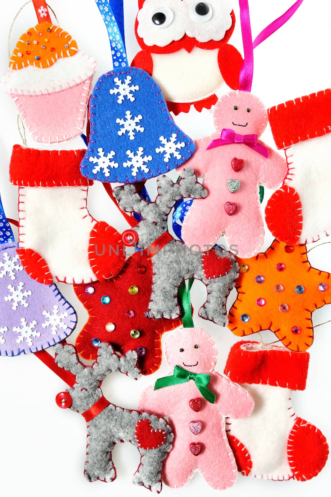 Texture of Christmas toys, handmade fleece. Beautiful Christmas background 
