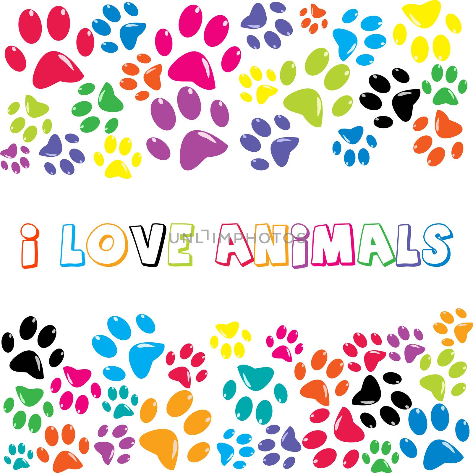 I Love Animals text with colorful paws print