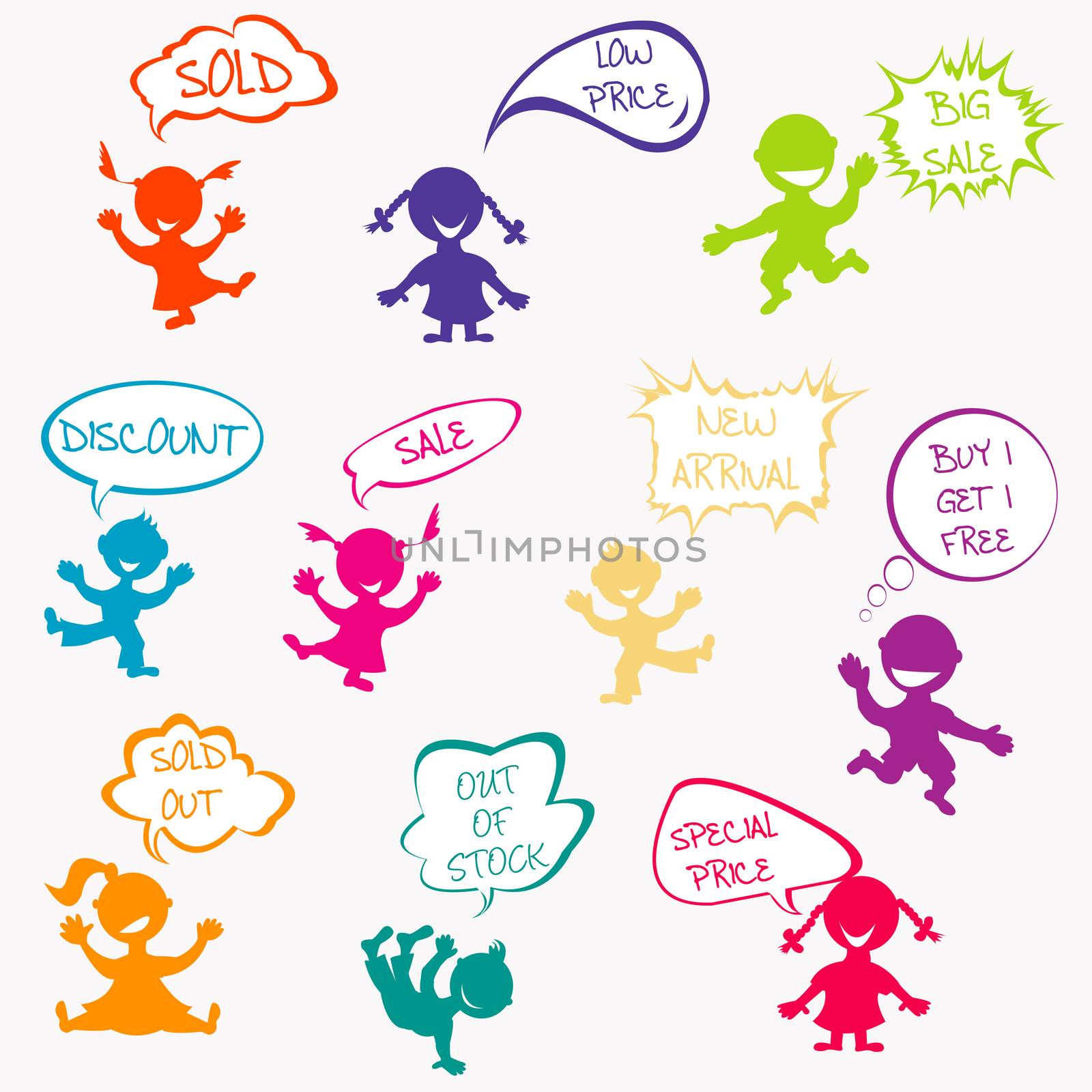 Kids with chat bubbles with sale messages by hibrida13