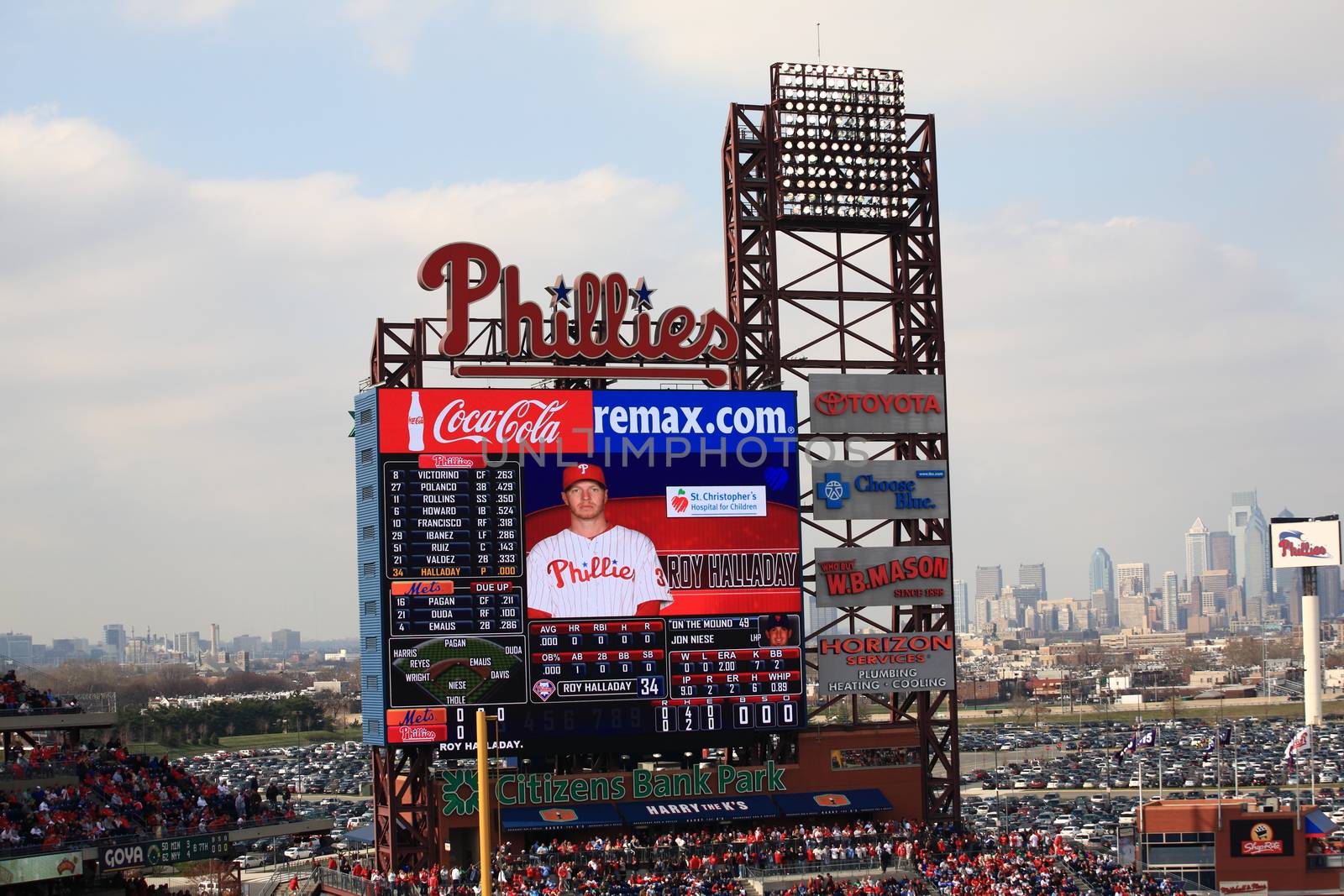 Star pitcher Roy Halladay on the scoreboard at Citizens Bank Park, home of the Philadelphia Phillies. 







Citizen Bank Scoreboard during a Philadelphia Phillies baseball game.