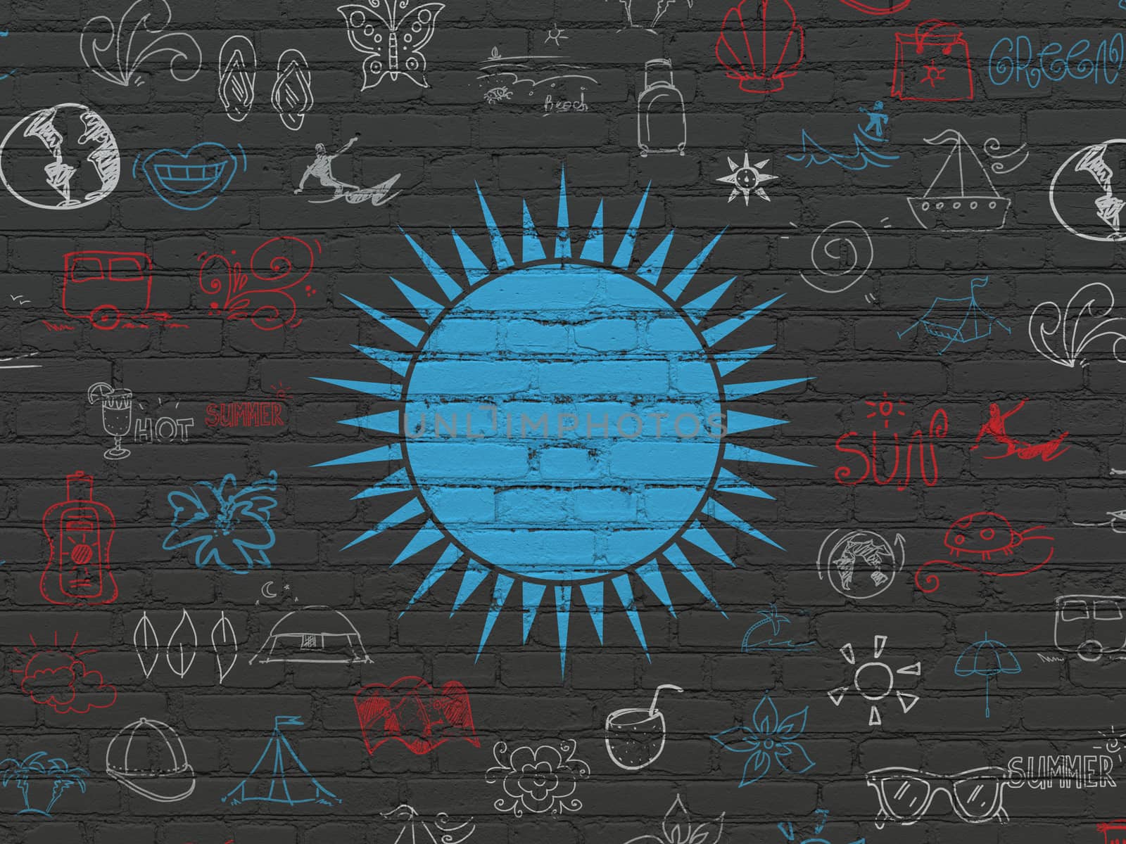 Tourism concept: Painted blue Sun icon on Black Brick wall background with  Hand Drawn Vacation Icons, 3d render