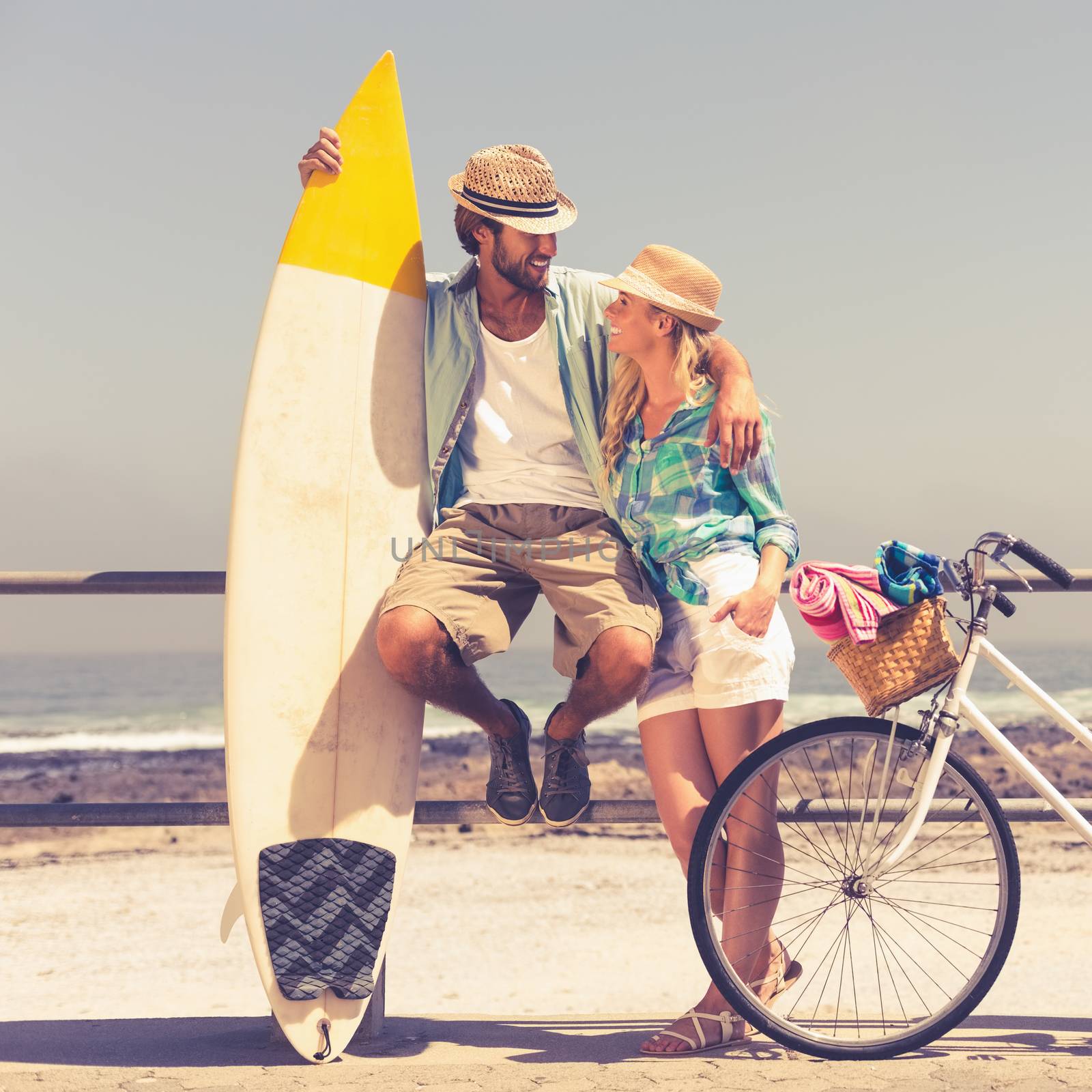 Cute couple on a bike ride on a sunny day