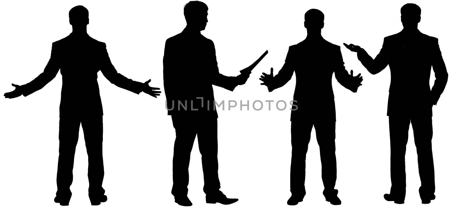 Black silhouettes of businessman standing in different postures  by cherezoff