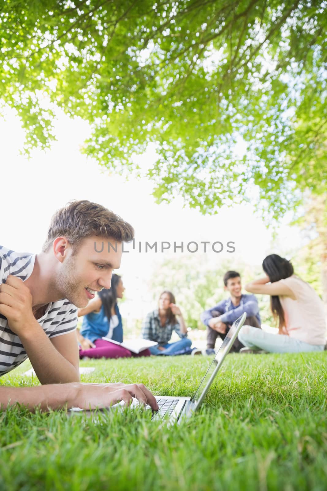 Happy student using his laptop outside by Wavebreakmedia