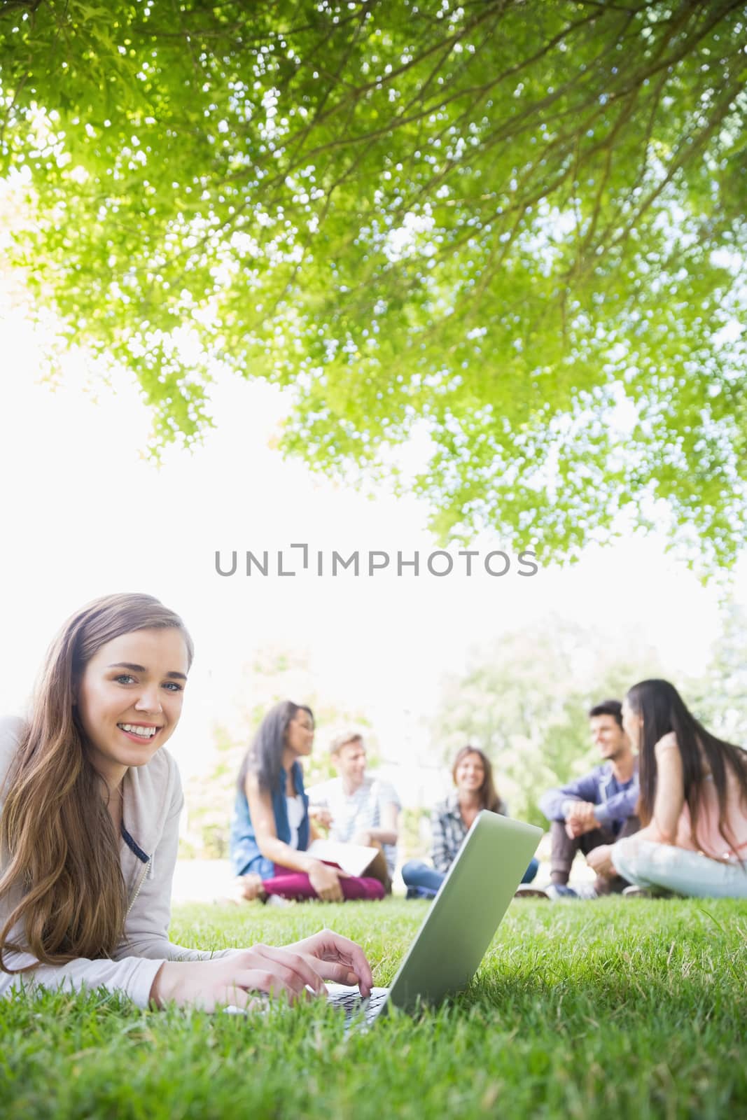 Happy student using her laptop outside by Wavebreakmedia