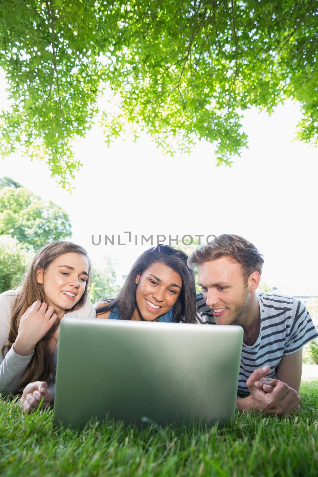 Happy students using laptop outside by Wavebreakmedia