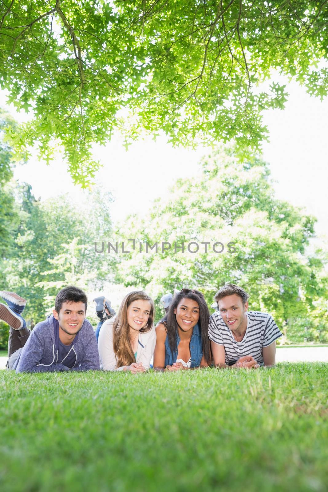 Happy students using laptop outside by Wavebreakmedia