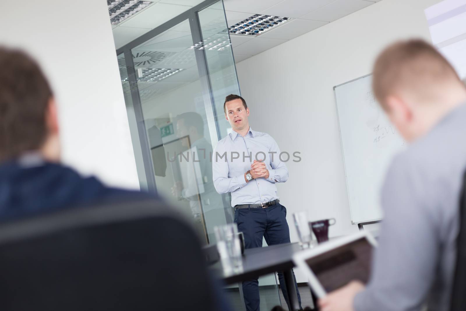 Business man making a presentation at office. Business executive delivering a presentation to his colleagues during meeting or in-house business training, explaining business plans to his employees.