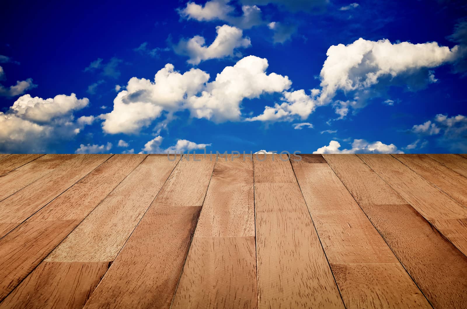 Sky background with with wooden planks