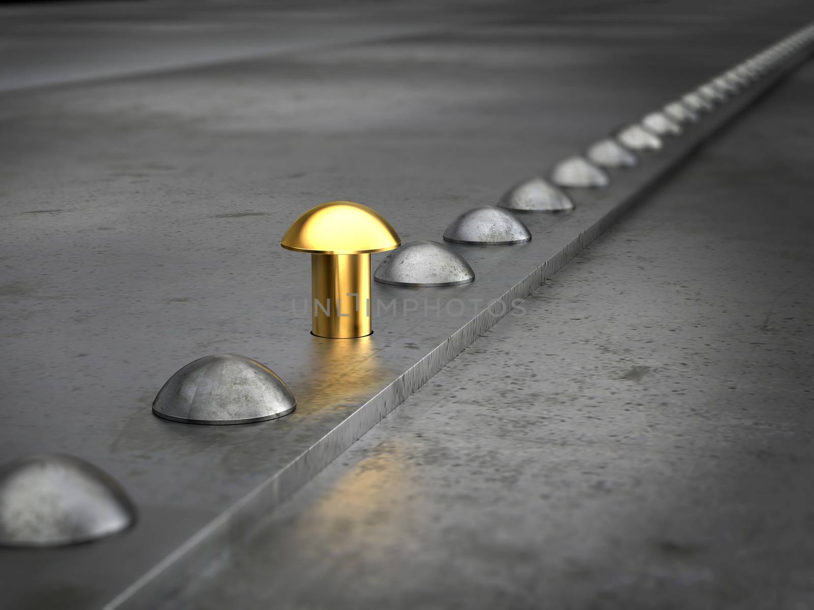 One golden rivet in the row. Leadership concept.