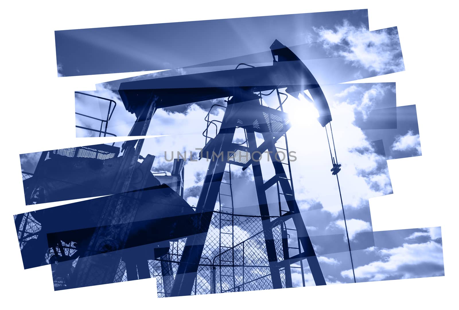 Oil pump abstract composition background. Oil and gas industry. Photo collage toned blue. Isolate on a white.