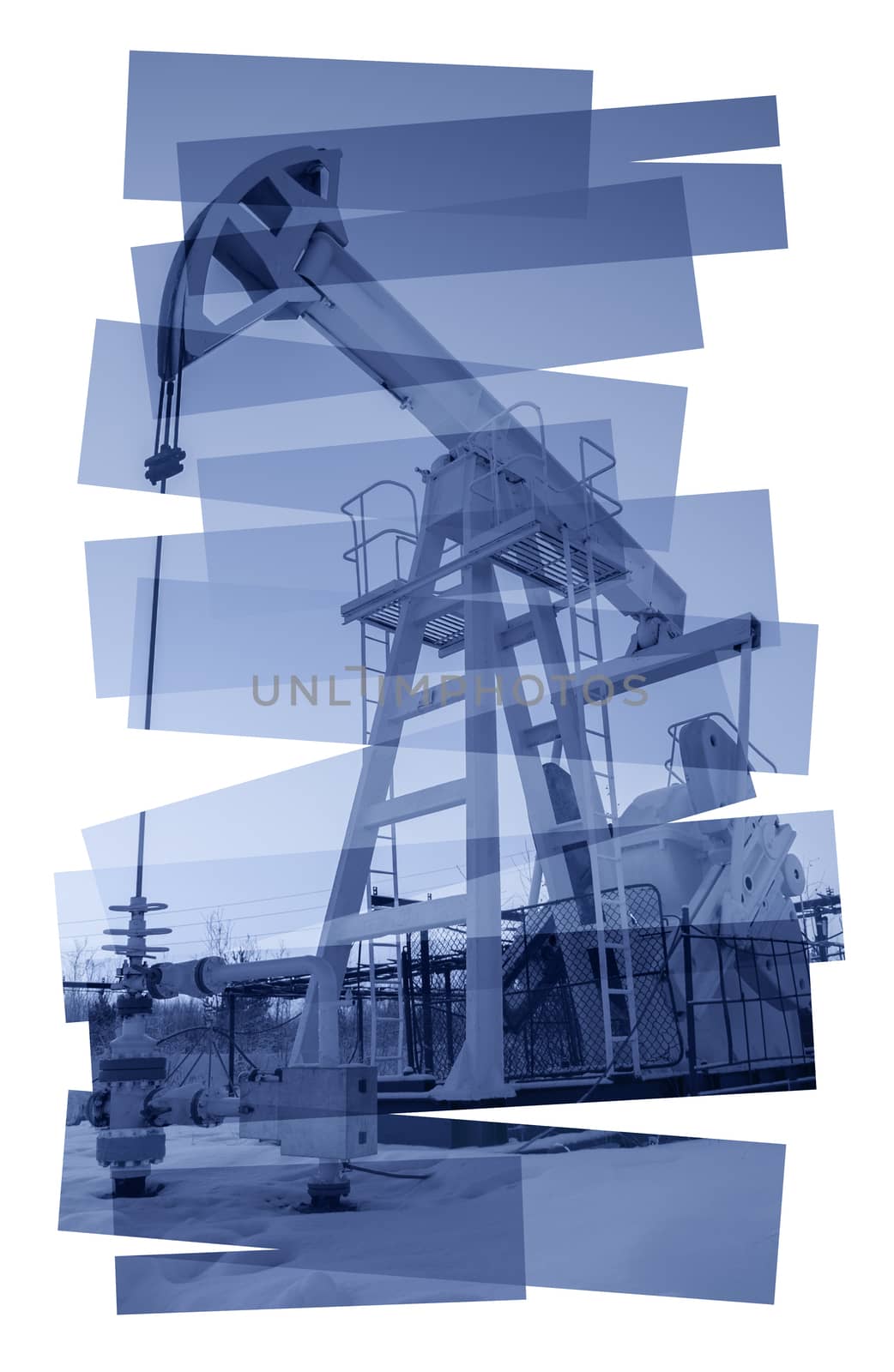 Oil pump abstract composition background. Oil and gas industry. Photo collage toned blue. Isolate on a white.