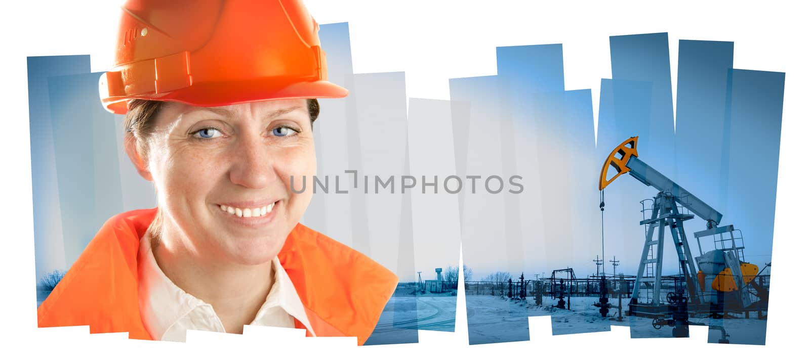 Female oil worker in orange uniform and helmet on of collage background the pump jack.