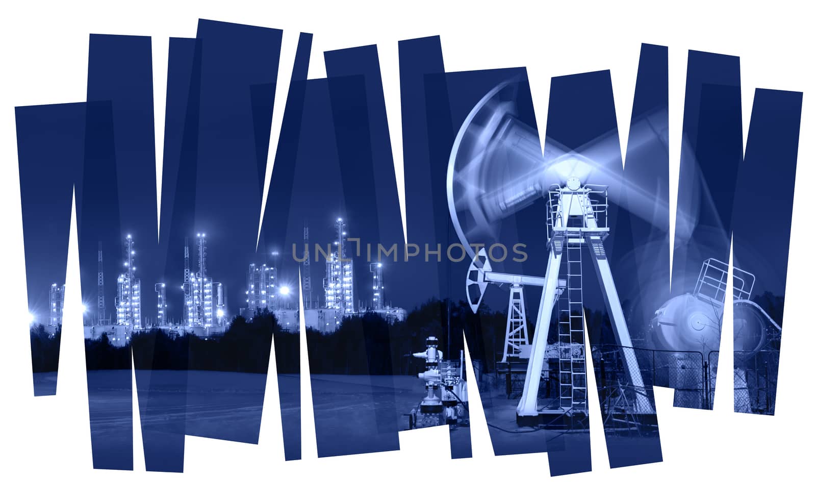 Oil pump and refinery abstract  background. Oil and gas industry. Photo collage toned blue. Isolate on a white.