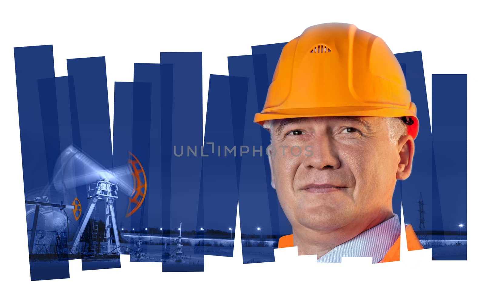 Oil worker in orange uniform and helmet on of collage background the pump jack.