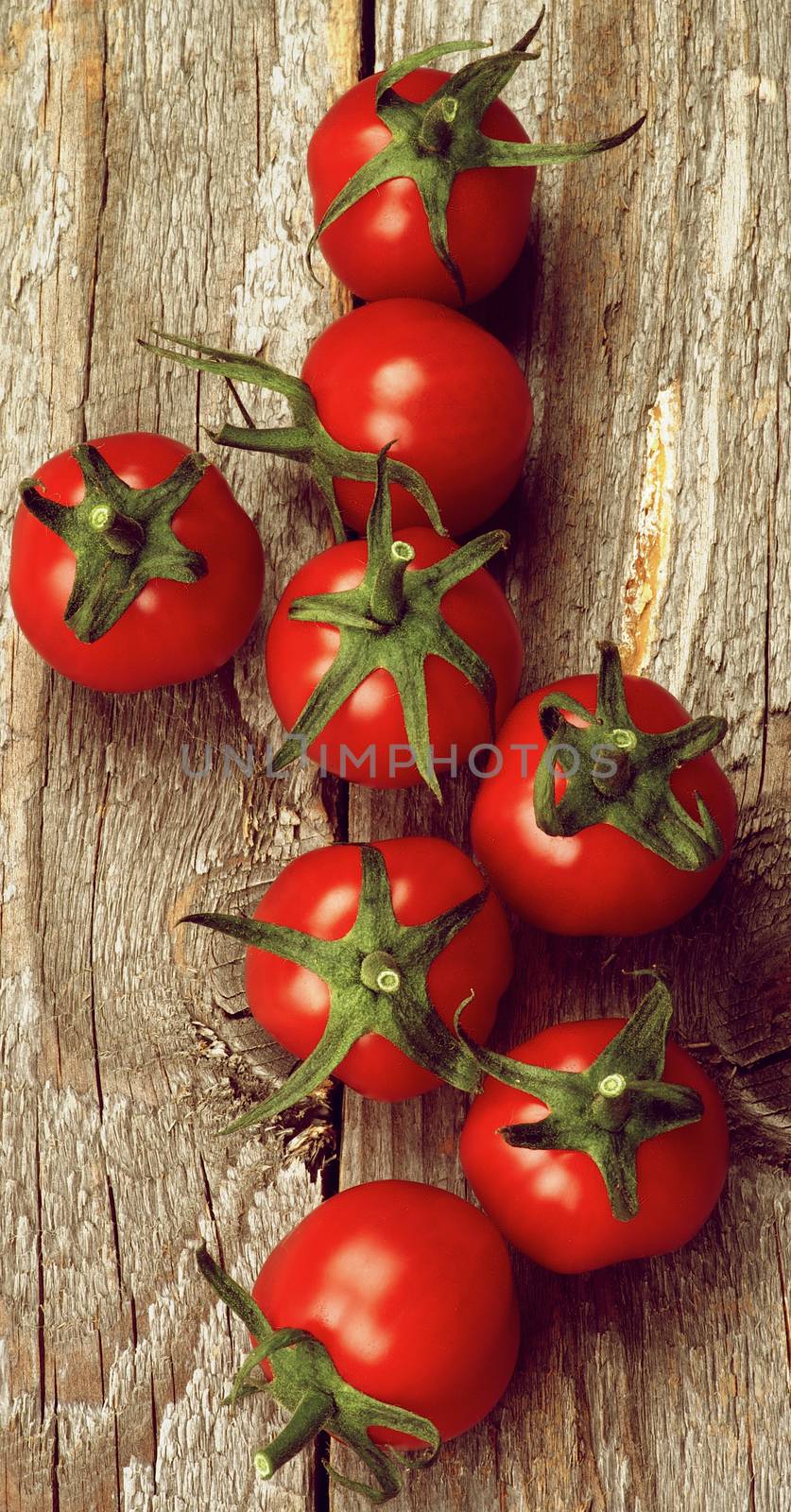 Perfect Ripe Raw Cherry Tomatoes with Stems In a Row on Rustic Wooden background