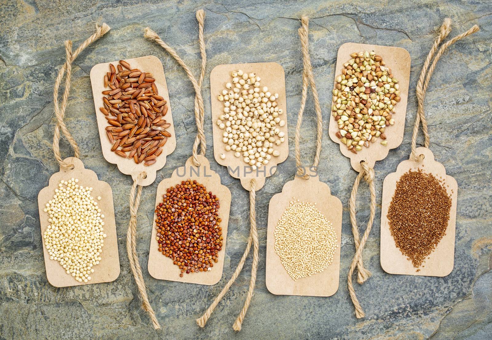 abstract of healthy, gluten free grains (quinoa, sorghum, brown rice, teff, buckwheat, amaranth, millet) - top view of paper price tags against a slate stone