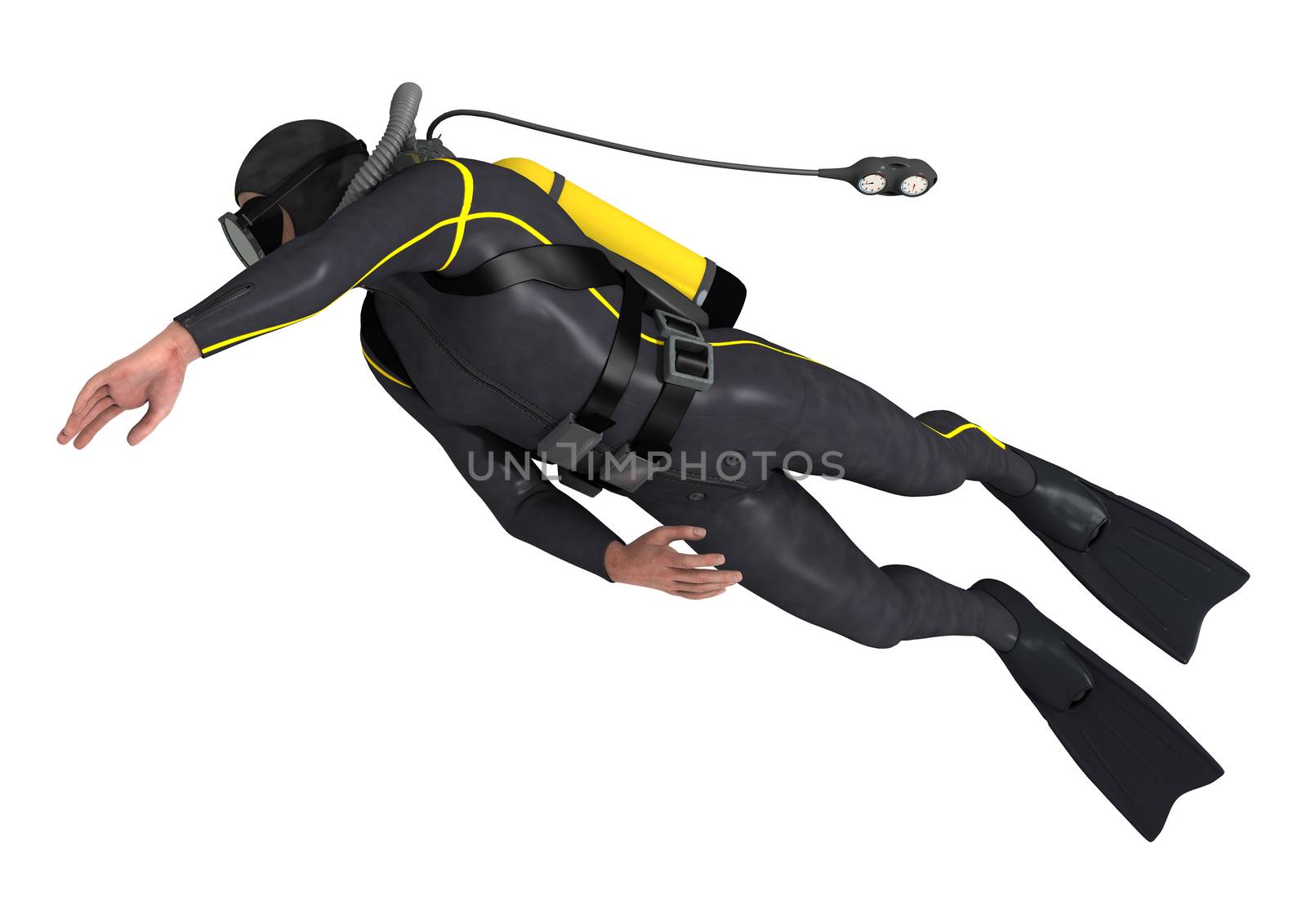 3D digital render of a male diver isolated on white background