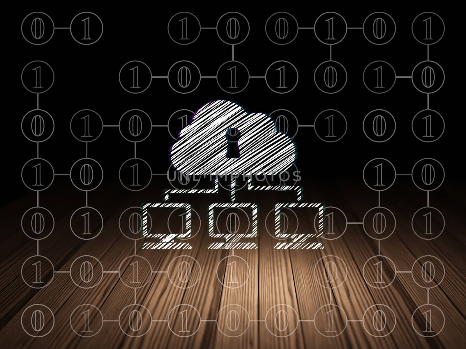 Security concept: Glowing Cloud Network icon in grunge dark room with Wooden Floor, black background with Scheme Of Binary Code, 3d render