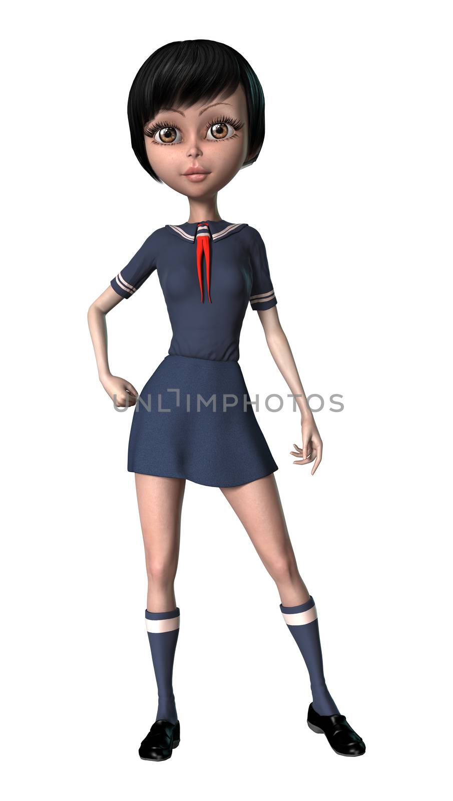 3D digital render of a cute Japanese schoolgirl isolated on white background