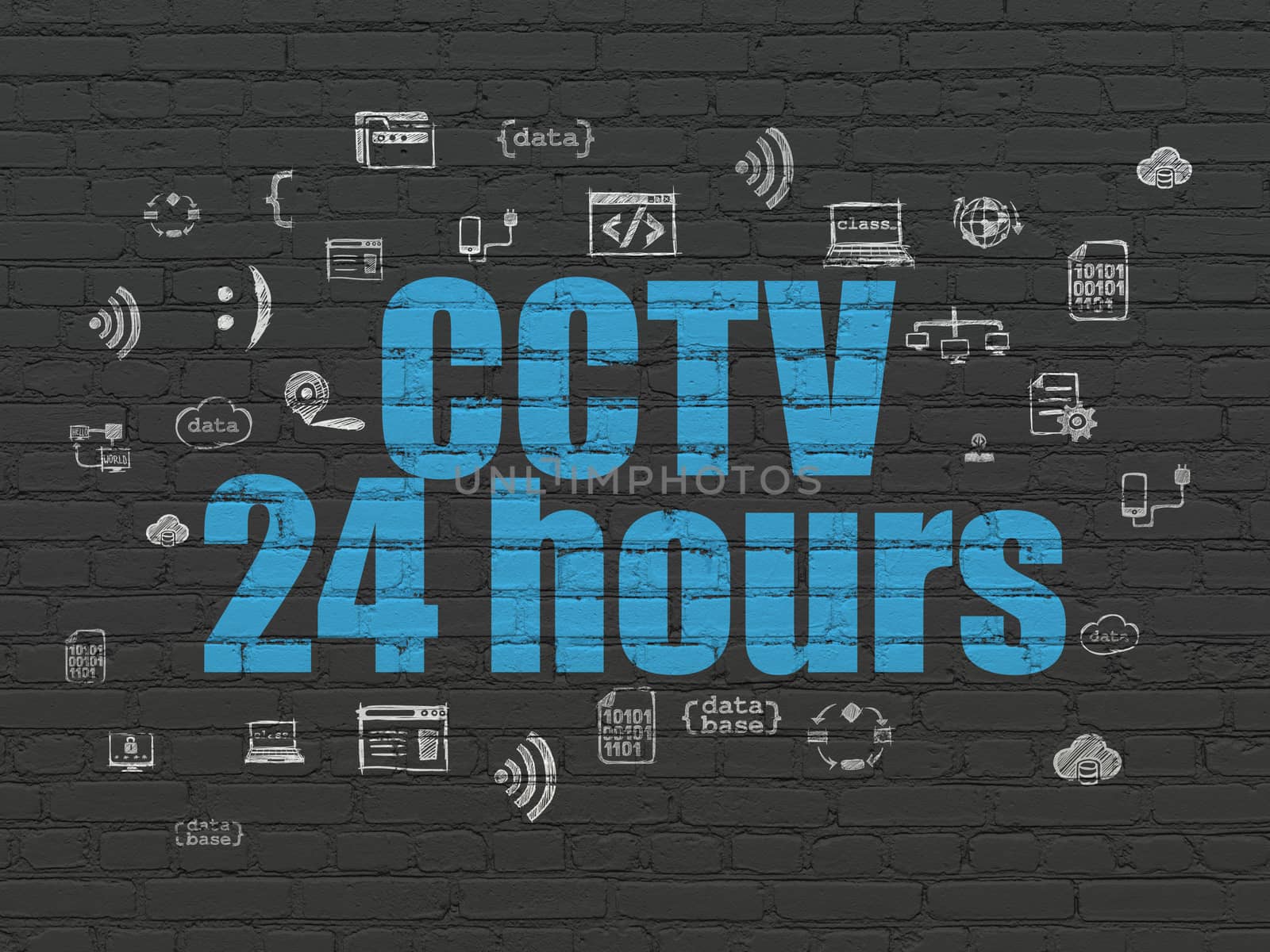 Safety concept: Painted blue text CCTV 24 hours on Black Brick wall background with  Hand Drawn Programming Icons, 3d render