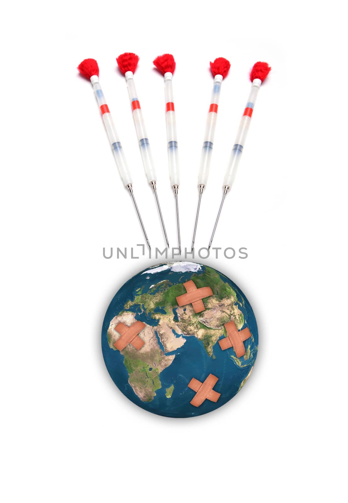 Earth with adhesive plaster with syringe isolated on white background, Element of this image are furnished by NASA