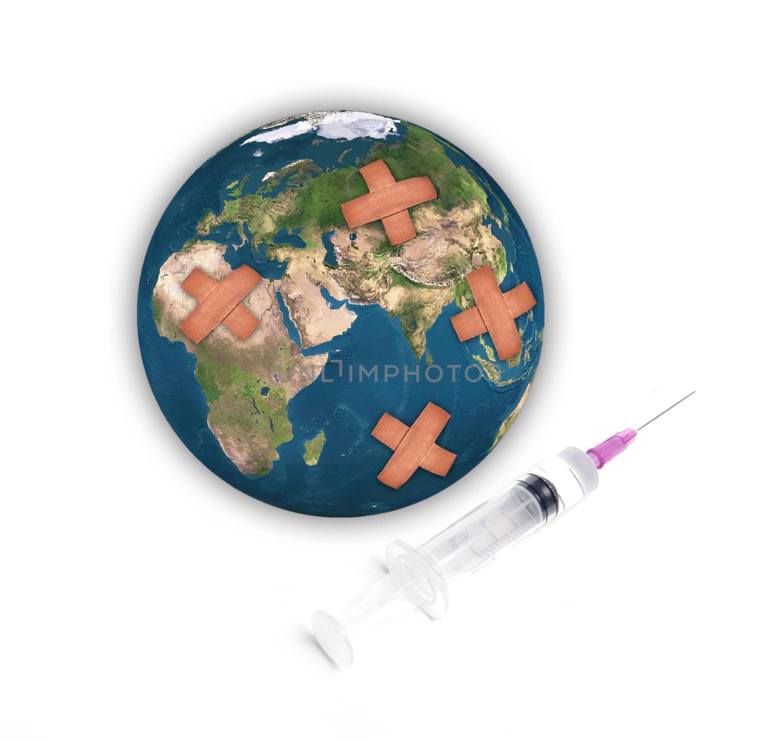 Earth with adhesive plaster with syringe isolated on white background, Element of this image are furnished by NASA