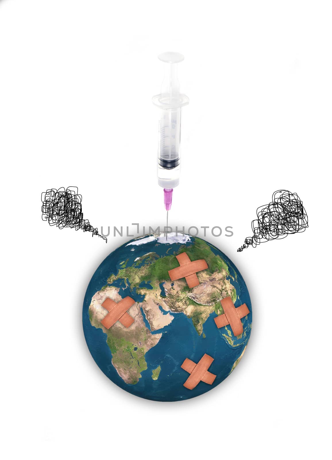 Earth with adhesive plaster with syringe isolated on white background, Element of this image are furnished by NASA