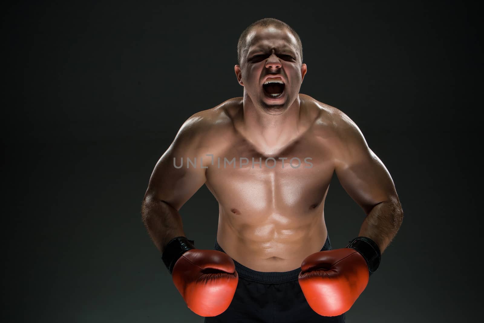 Muscular man  in red gloves screaming and roar over black background