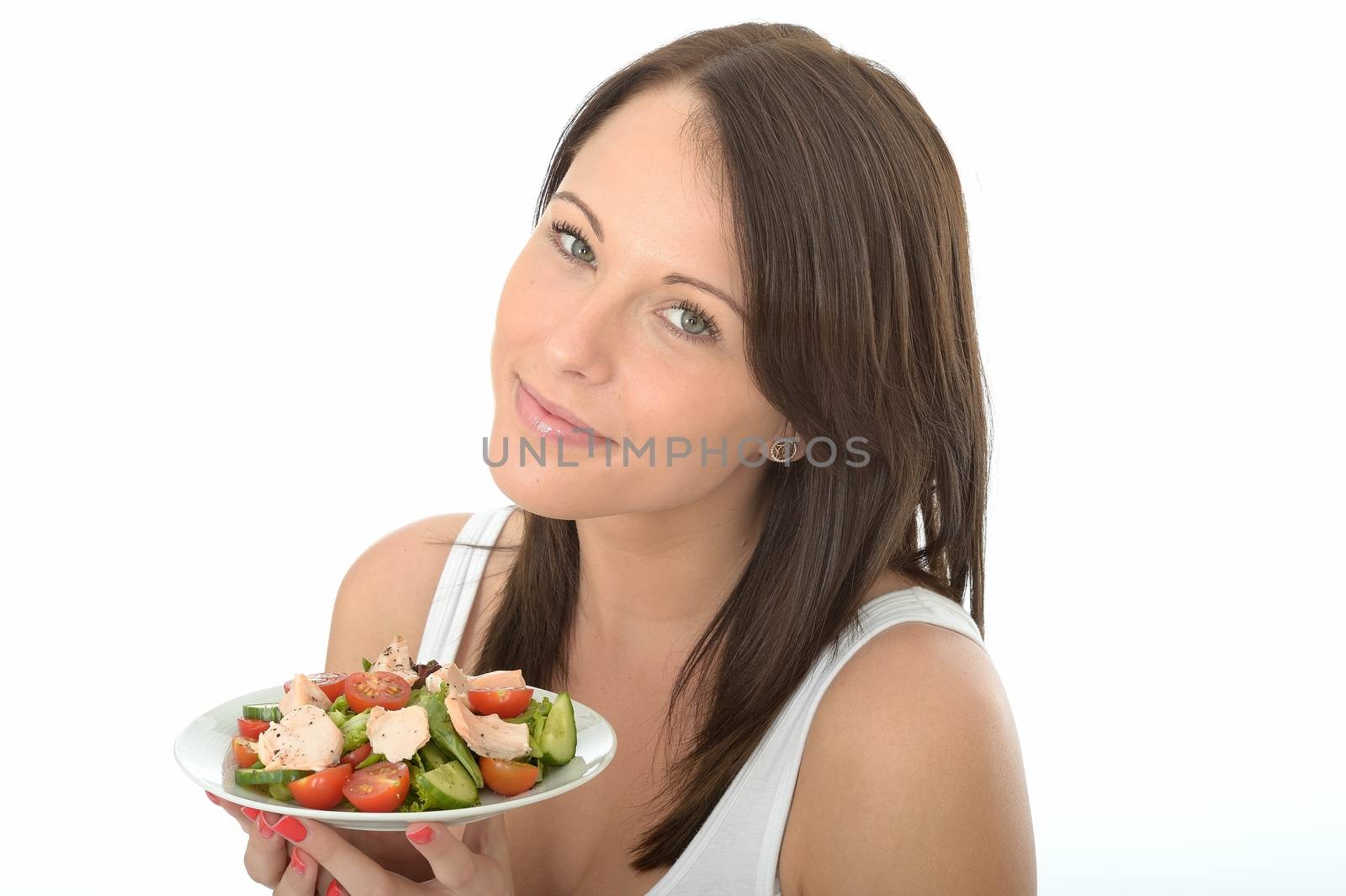 Young Healthy Happy woman Holding a Plate of Salmon Salad by Whiteboxmedia